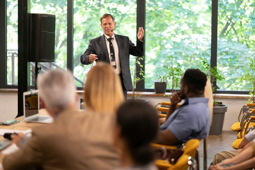 Cinematic image of a conference meeting.